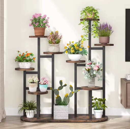 Houten Plantenstandaard met Hanggedeelte – 3 Lagen Bloemenrek voor Binnen & Buiten