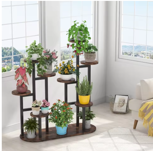 Houten Plantenstandaard met Hanggedeelte – 3 Lagen Bloemenrek voor Binnen & Buiten