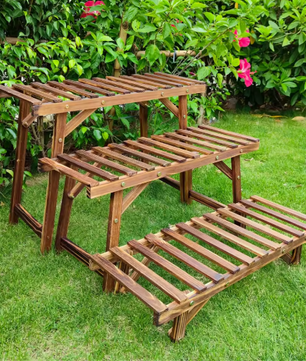 Set van 3 Houten Plantenstandaards – Laddervormig Displayrek, Grenenhout, Voor Binnen & Buiten