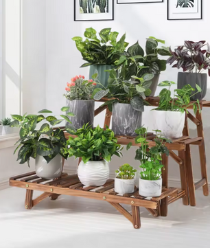 Set van 3 Houten Plantenstandaards – Laddervormig Displayrek, Grenenhout, Voor Binnen & Buiten