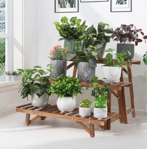 Set van 3 Houten Plantenstandaards – Laddervormig Displayrek, Grenenhout, Voor Binnen & Buiten