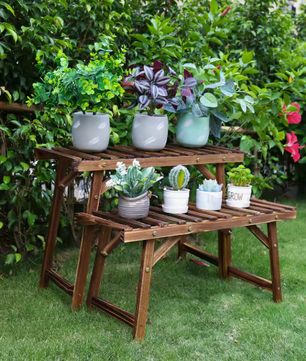 Set van 3 Houten Plantenstandaards – Laddervormig Displayrek, Grenenhout, Voor Binnen & Buiten