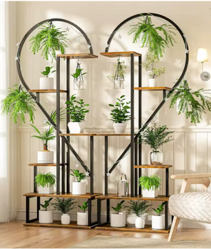 Set van 2 Halve Hartvormige Plantenstandaards – 6-Lagen Displayrek voor Binnen & Buiten, Metaal & Hout