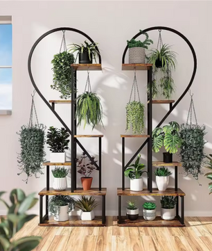 Set van 2 Halve Hartvormige Plantenstandaards – 6-Lagen Displayrek voor Binnen & Buiten, Metaal & Hout
