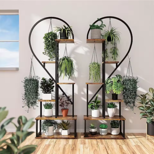 Set van 2 Halve Hartvormige Plantenstandaards – 6-Lagen Displayrek voor Binnen & Buiten, Metaal & Hout
