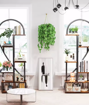 Set van 2 Halve Hartvormige Plantenstandaards – 6-Lagen Displayrek voor Binnen & Buiten, Metaal & Hout