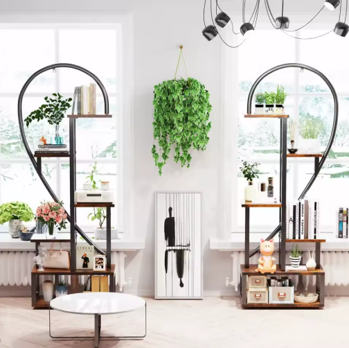 Set van 2 Halve Hartvormige Plantenstandaards – 6-Lagen Displayrek voor Binnen & Buiten, Metaal & Hout