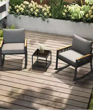 3-delige Bistro Loungeset – Schommelstoelen & Glazen Tafel, Modern & Comfortabel
