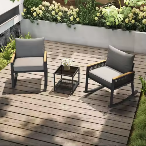 3-delige Bistro Loungeset – Schommelstoelen & Glazen Tafel, Modern & Comfortabel