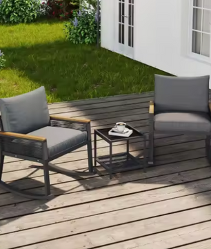 3-delige Bistro Loungeset – Schommelstoelen & Glazen Tafel, Modern & Comfortabel