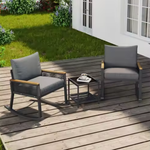 3-delige Bistro Loungeset – Schommelstoelen & Glazen Tafel, Modern & Comfortabel