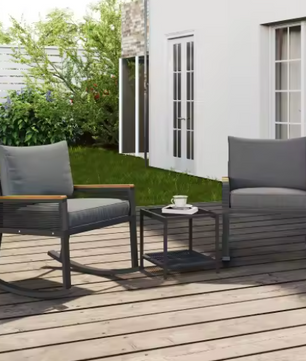 3-delige Bistro Loungeset – Schommelstoelen & Glazen Tafel, Modern & Comfortabel