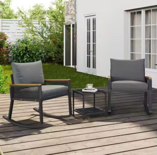 3-delige Bistro Loungeset – Schommelstoelen & Glazen Tafel, Modern & Comfortabel