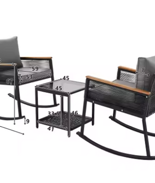 3-delige Bistro Loungeset – Schommelstoelen & Glazen Tafel, Modern & Comfortabel