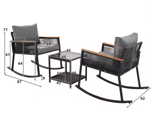 3-delige Bistro Loungeset – Schommelstoelen & Glazen Tafel, Modern & Comfortabel