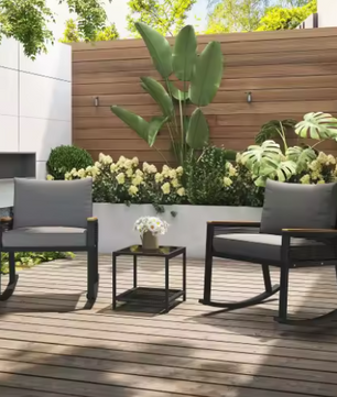 3-delige Bistro Loungeset – Schommelstoelen & Glazen Tafel, Modern & Comfortabel