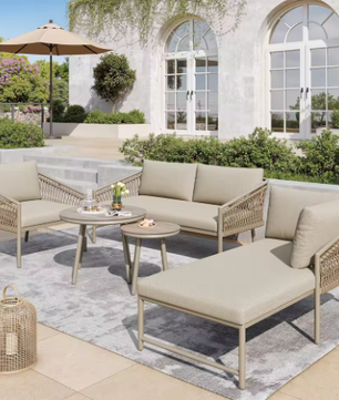 Tuinloungeset van Handgeweven Touw – 2-Zitsbank, Fauteuil, Stoel & 2 Tafels, Incl. Kussens