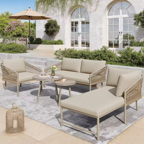 Tuinloungeset van Handgeweven Touw – 2-Zitsbank, Fauteuil, Stoel & 2 Tafels, Incl. Kussens