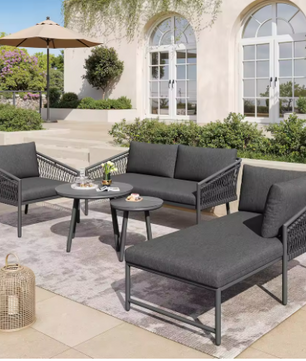 Tuinloungeset van Handgeweven Touw – 2-Zitsbank, Fauteuil, Stoel & 2 Tafels, Incl. Kussens