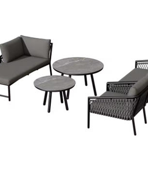 Tuinloungeset van Handgeweven Touw – 2-Zitsbank, Fauteuil, Stoel & 2 Tafels, Incl. Kussens