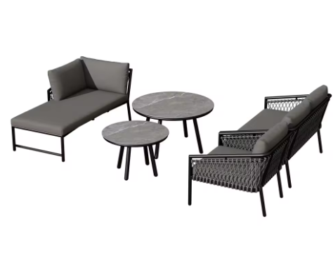 Tuinloungeset van Handgeweven Touw – 2-Zitsbank, Fauteuil, Stoel & 2 Tafels, Incl. Kussens