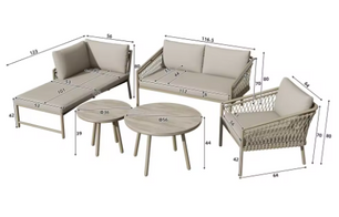 Tuinloungeset van Handgeweven Touw – 2-Zitsbank, Fauteuil, Stoel & 2 Tafels, Incl. Kussens