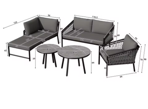 Tuinloungeset van Handgeweven Touw – 2-Zitsbank, Fauteuil, Stoel & 2 Tafels, Incl. Kussens