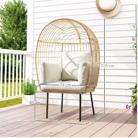Eivormige Rotan Loungefauteuil – Extra Groot & Weerbestendig, met Dikke Kussens