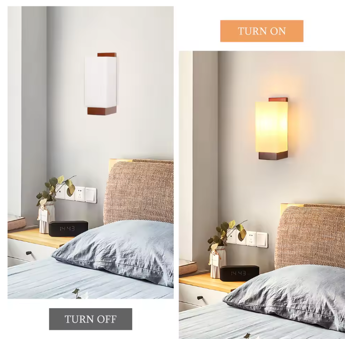 Vintage Houten Wandlamp – E27 Fitting met Glazen Kap
