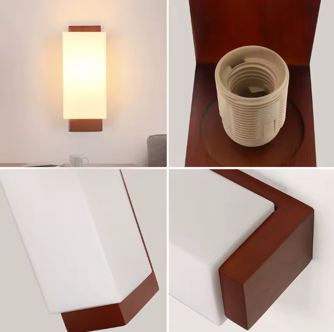 Vintage Houten Wandlamp – E27 Fitting met Glazen Kap