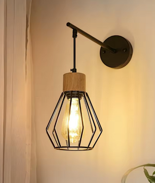 Vintage Wandlamp – Zwarte Industriële E27 Wandverlichting met Houten Accenten