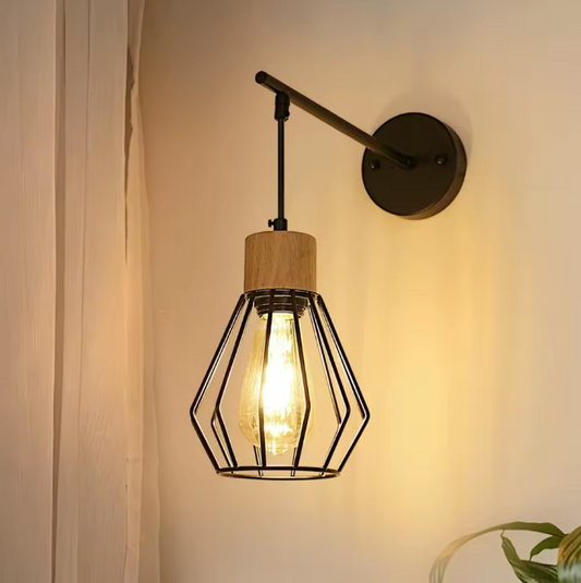 Vintage Wandlamp – Zwarte Industriële E27 Wandverlichting met Houten Accenten