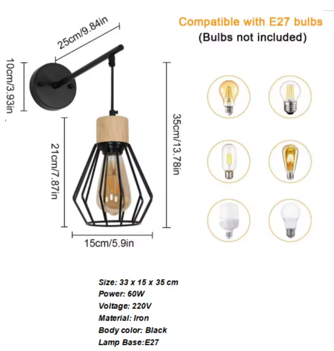 Vintage Wandlamp – Zwarte Industriële E27 Wandverlichting met Houten Accenten