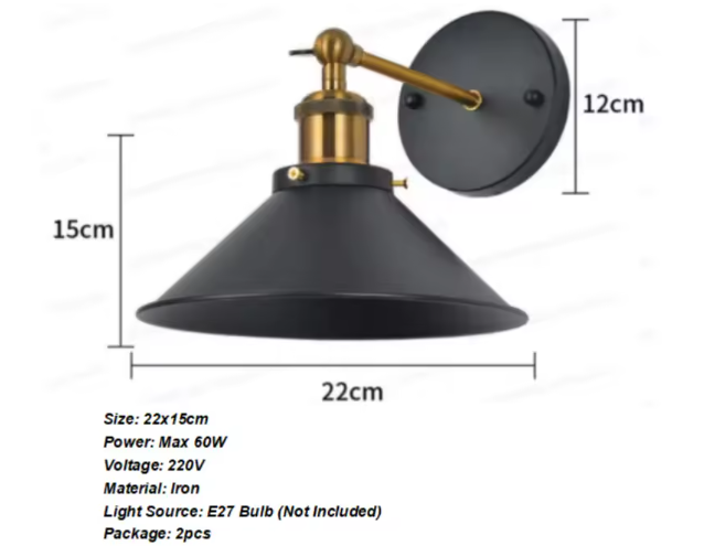Vintage Wandlamp – Zwarte Industriële E27 Wandverlichting met Houten Accenten