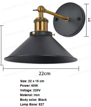Vintage Wandlamp – Zwarte Industriële E27 Wandverlichting met Houten Accenten