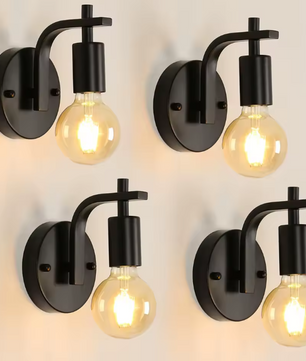 Set van 4 Zwarte Metalen Wandlampen – E27 Fitting, Industrieel & Duurzaam