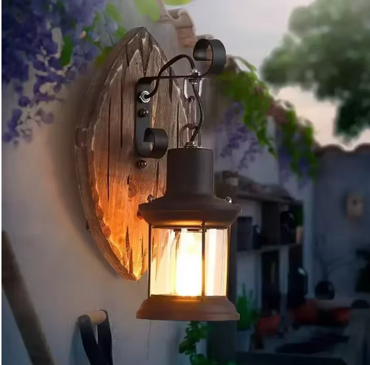 Retro Wandlamp – E27 Hout & Metaal, Glazen Kap, Vintage Design