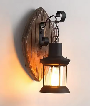 Retro Wandlamp – E27 Hout & Metaal, Glazen Kap, Vintage Design