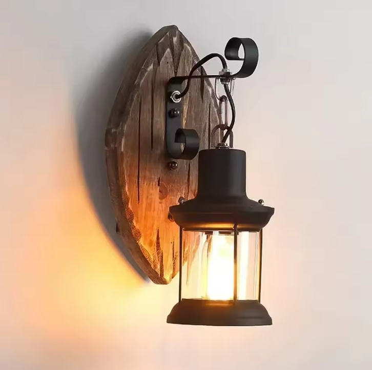 Retro Wandlamp – E27 Hout & Metaal, Glazen Kap, Vintage Design