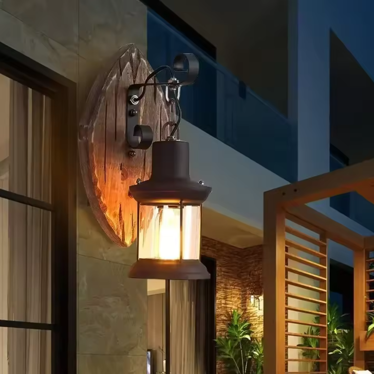 Retro Wandlamp – E27 Hout & Metaal, Glazen Kap, Vintage Design