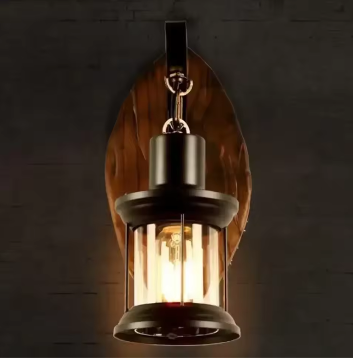 Retro Wandlamp – E27 Hout & Metaal, Glazen Kap, Vintage Design