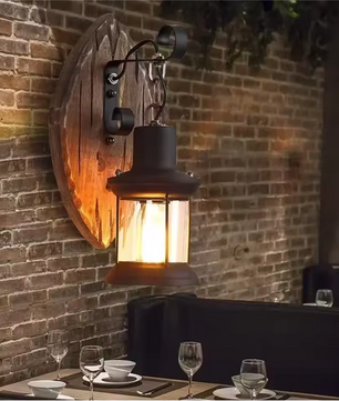 Retro Wandlamp – E27 Hout & Metaal, Glazen Kap, Vintage Design