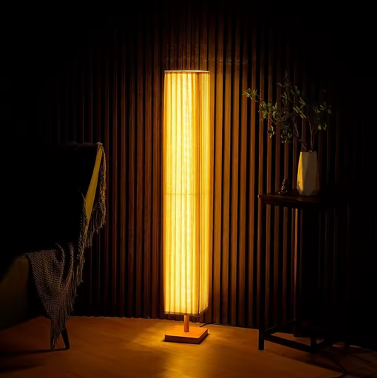 Japanse Retro LED Vloerlamp – Houtlook & Warme Sfeerverlichting