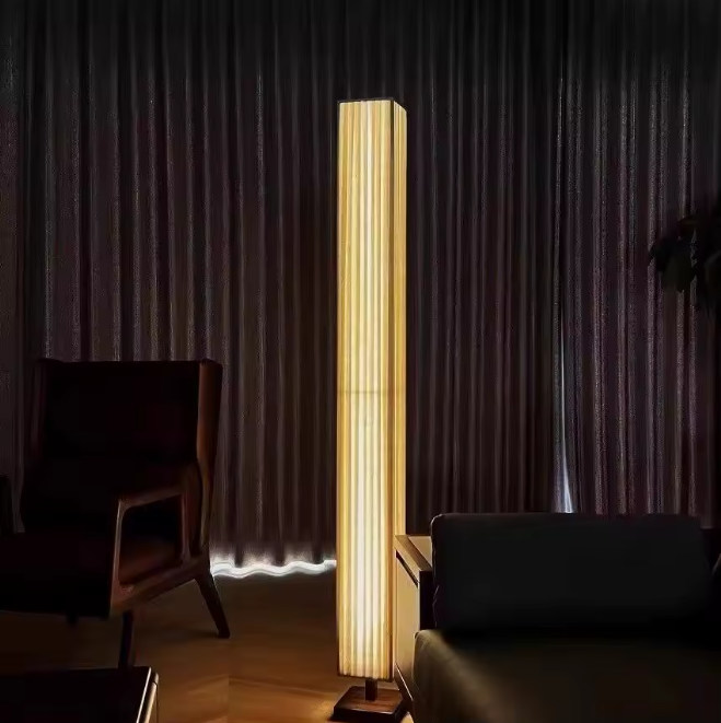 Japanse Retro LED Vloerlamp – Houtlook & Warme Sfeerverlichting