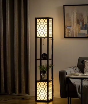 Houten Vloerlamp met Planken – Modern Ontwerp & Opbergruimte