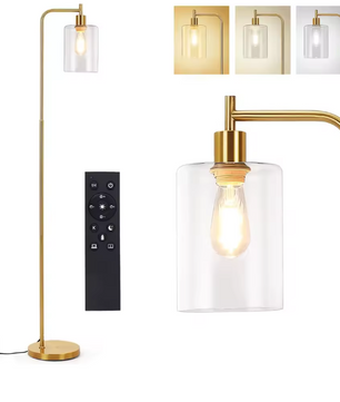 Moderne Industriële Vloerlamp – Dimbaar met Glazen Kap & Afstandsbediening