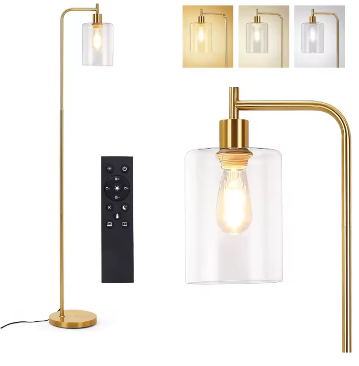 Moderne Industriële Vloerlamp – Dimbaar met Glazen Kap & Afstandsbediening