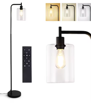 Moderne Industriële Vloerlamp – Dimbaar met Glazen Kap & Afstandsbediening