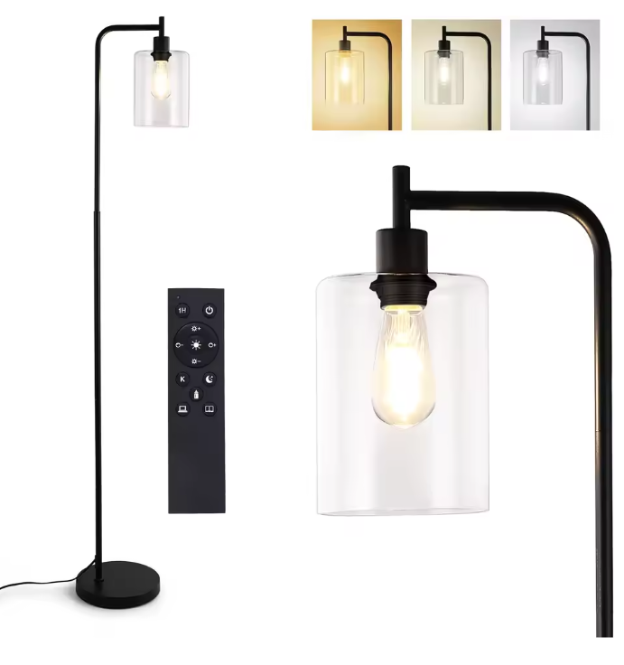 Moderne Industriële Vloerlamp – Dimbaar met Glazen Kap & Afstandsbediening