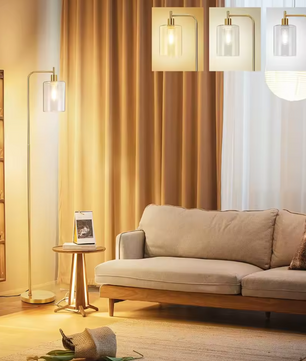 Moderne Industriële Vloerlamp – Dimbaar met Glazen Kap & Afstandsbediening